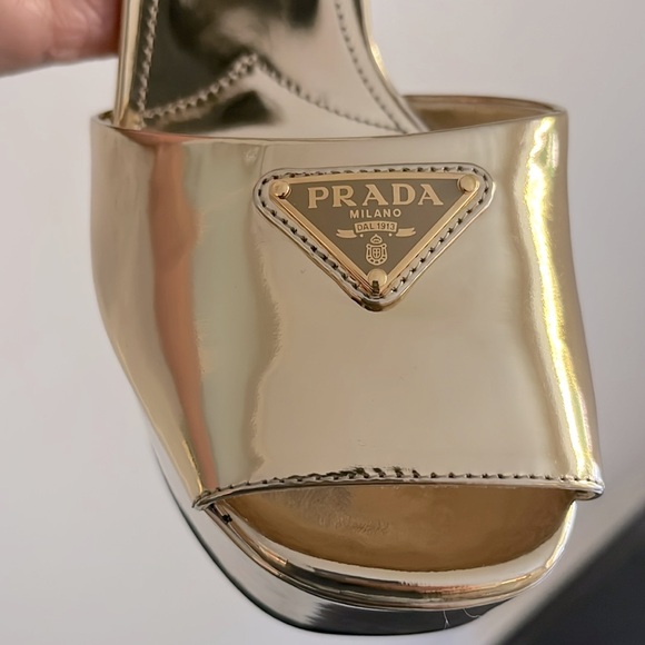 Prada Platform Plateau Ankle Strap Heel Sandals in Metallic Gold 37.5, US 7.5 - Picture 4 of 14